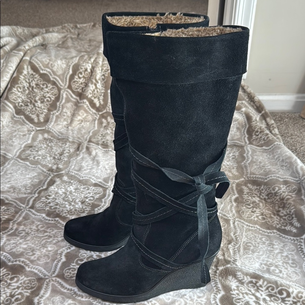 Aldo Black Suede Knee-High Boots with warm fuzzy shearling lining